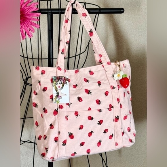 Unbranded Handbags - New Pink Corduroy Strawberry Purse Tote Bag w/ Pocket, Zipper, Crochet Accent